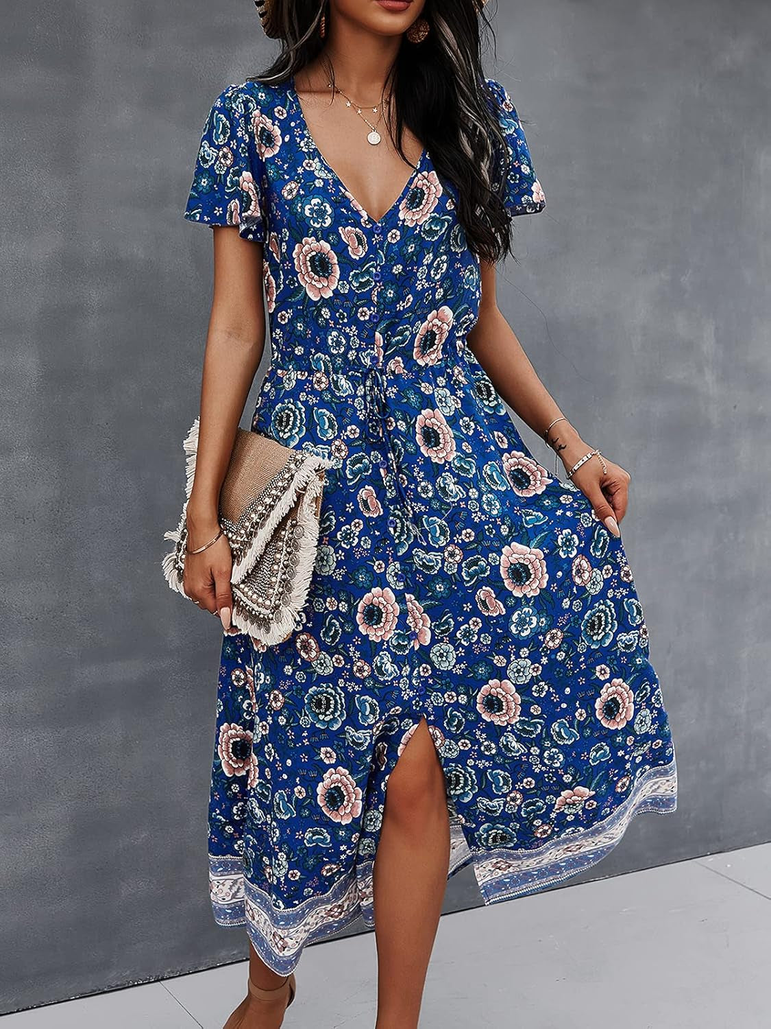 Bohemian Floral Printed Maxi Dress for Women - Short Sleeve V-Neck Casual Summer Dress in Blue, Size XL
