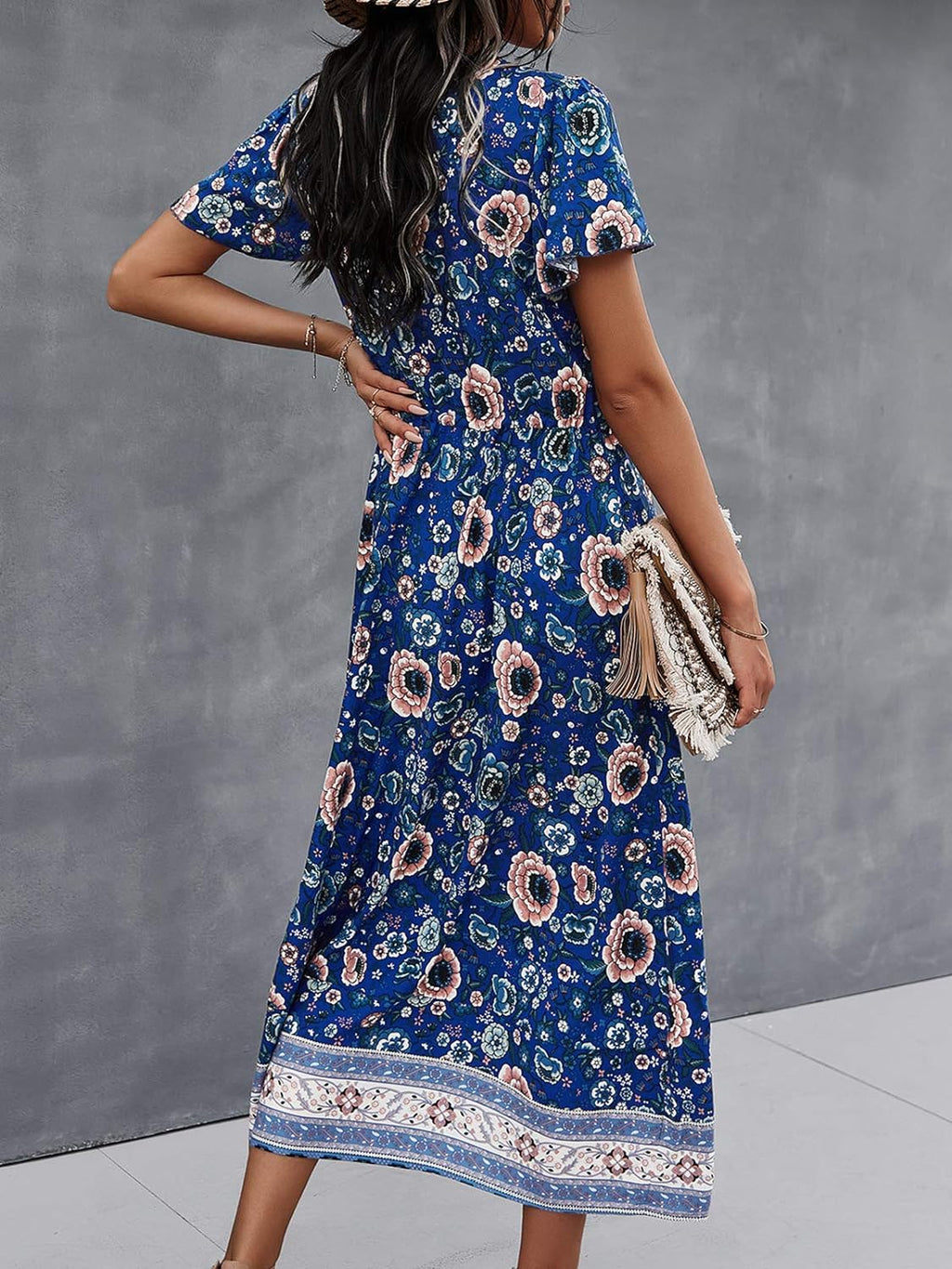 Bohemian Floral Printed Maxi Dress for Women - Short Sleeve V-Neck Casual Summer Dress in Blue, Size XL