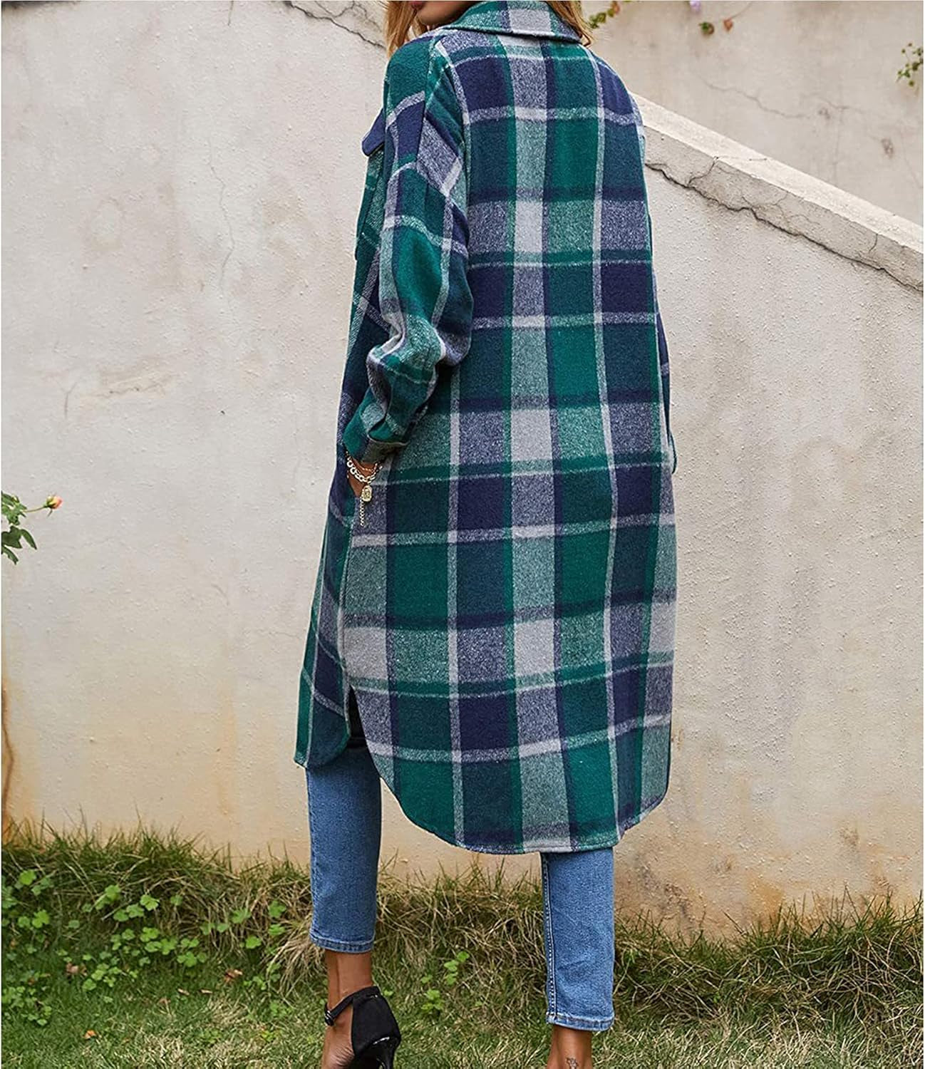 Women's Casual Wool Blend Plaid Long Shirt Jacket with Button Down and Pockets