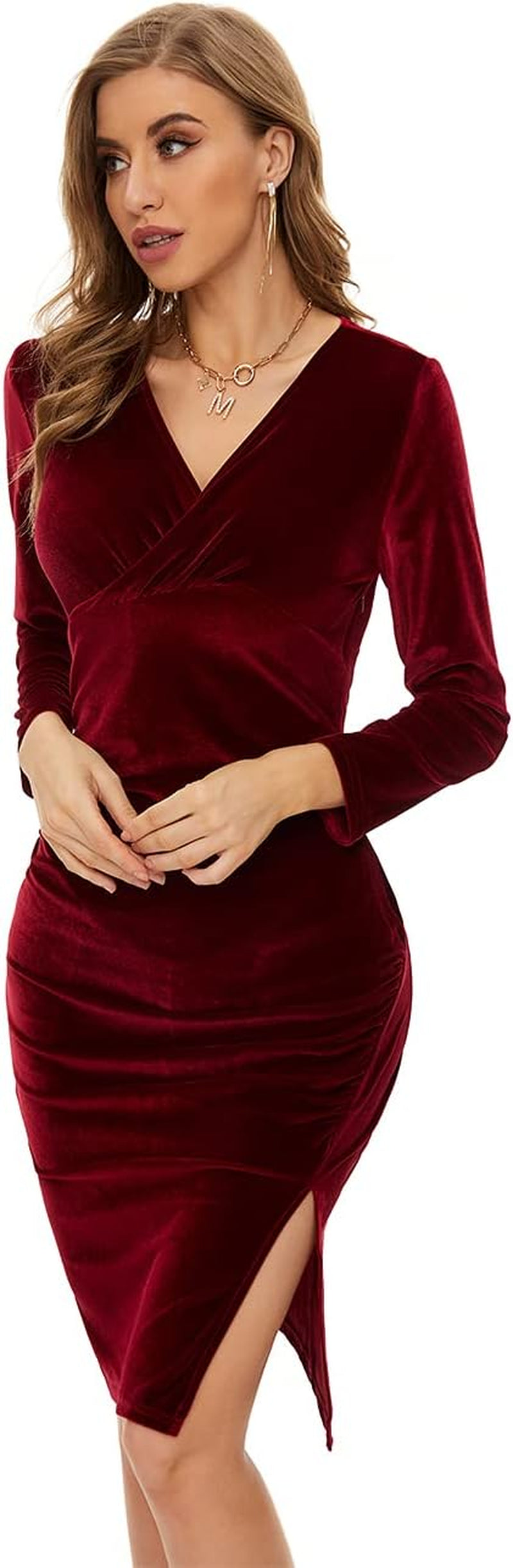 Elegant Red Velvet Bodycon Dress with Side Slit, V-Neck, and Long Sleeves for Cocktail Parties and Ceremonial Events (Dark Red, L)