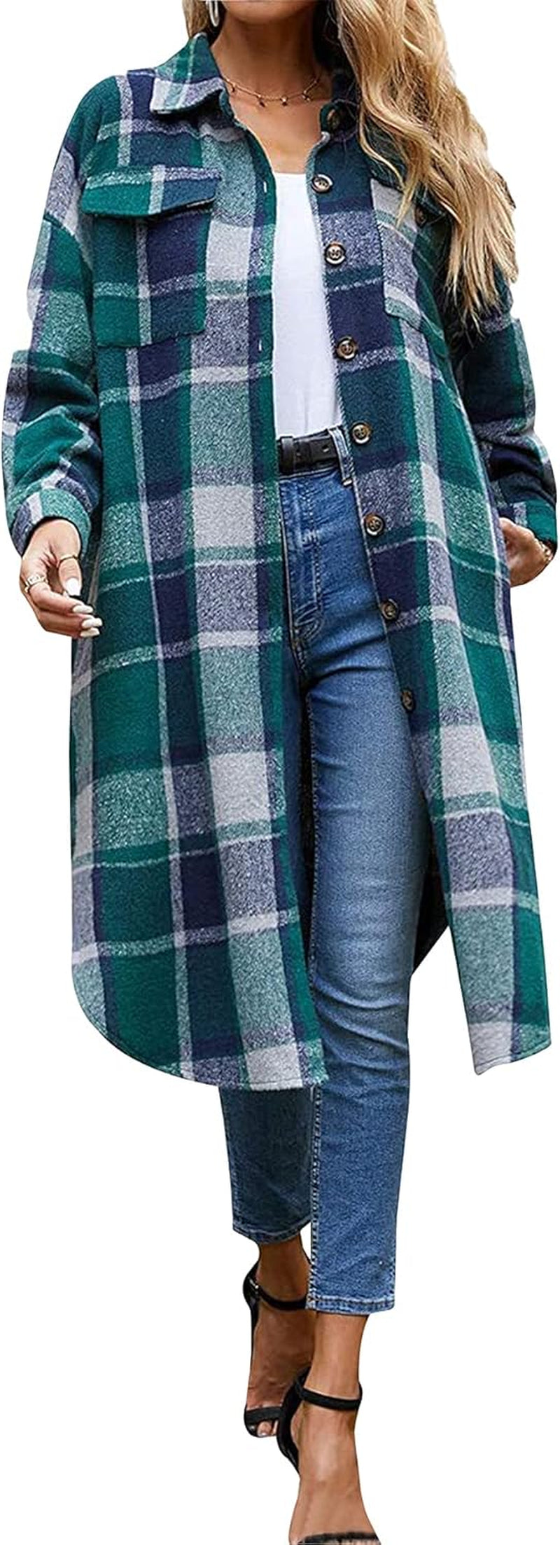 Women's Casual Wool Blend Plaid Long Shirt Jacket with Button Down and Pockets