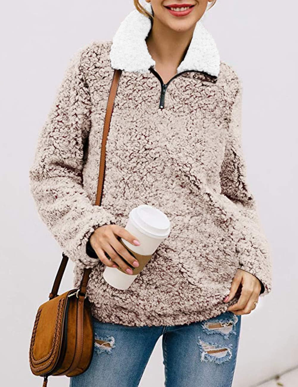 Women's Oversized Long Sleeve 1/4 Zipper Sherpa Fleece Pullover Sweatshirt Coat for Winter