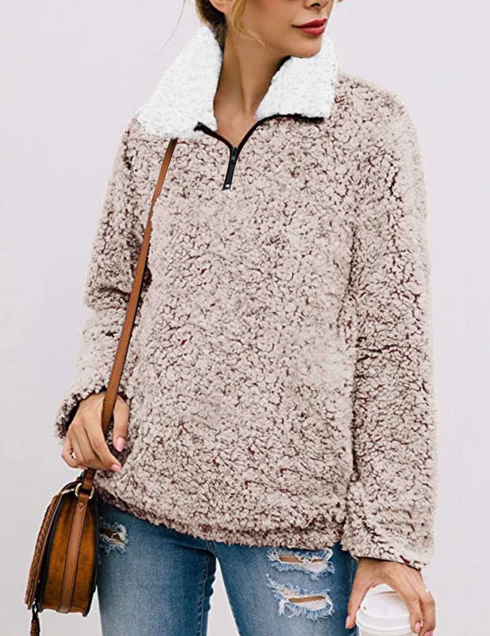 Women's Oversized Long Sleeve 1/4 Zipper Sherpa Fleece Pullover Sweatshirt Coat for Winter