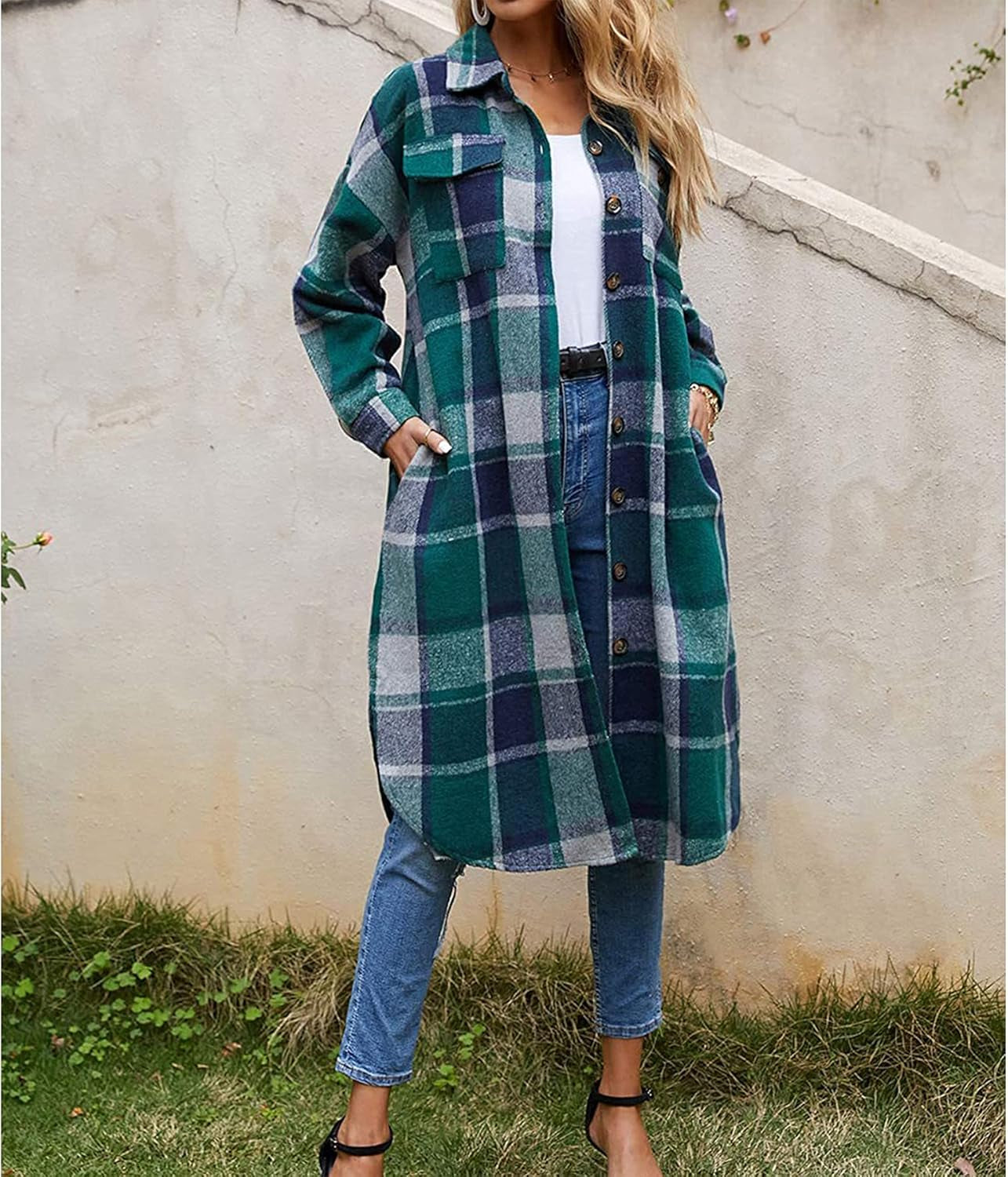 Women's Casual Wool Blend Plaid Long Shirt Jacket with Button Down and Pockets