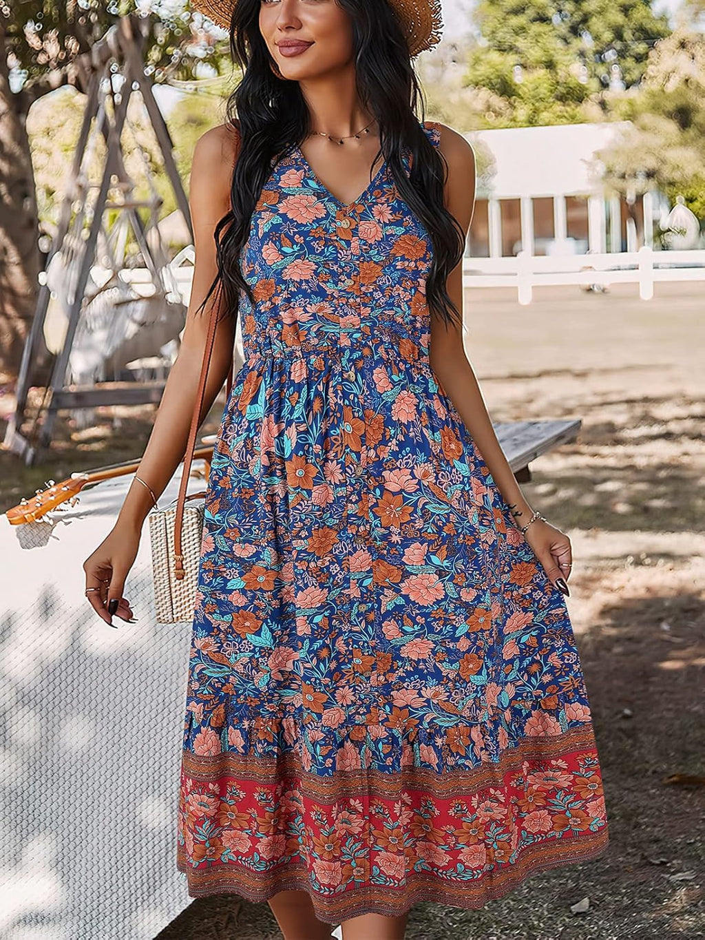 Summer Sleeveless Bohemian Floral V-Neck Button-Down Flowing Dress for Women (Sizes S-XL)