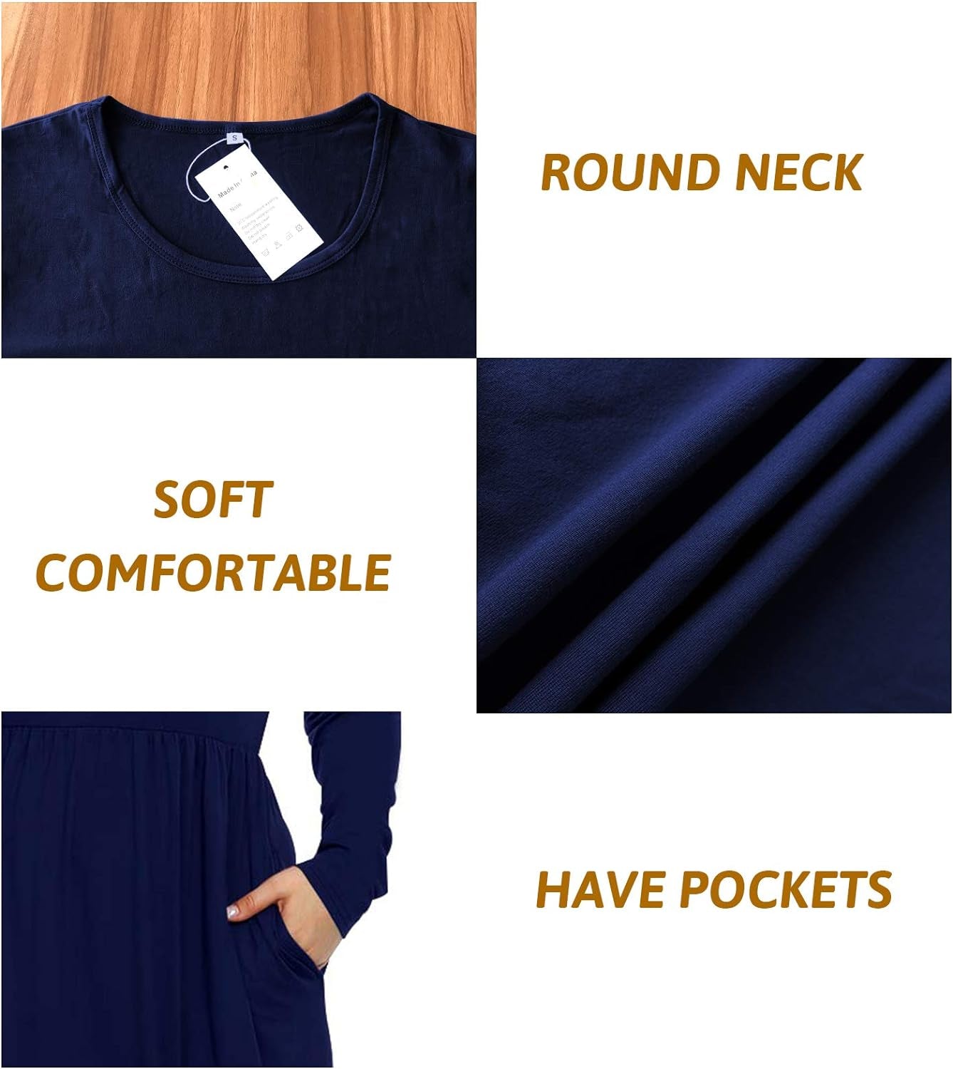 Plus Size Women's Long Sleeve Loose Curvy Maxi Dress with Pockets in Navy Blue (24W)