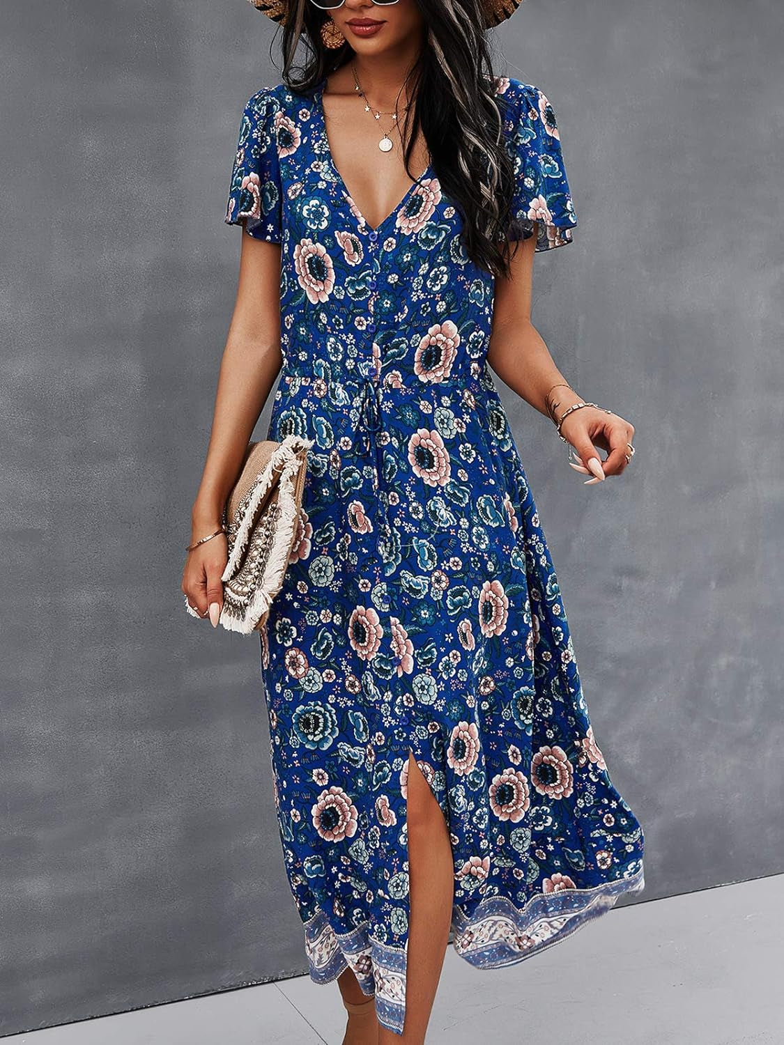 Bohemian Floral Printed Maxi Dress for Women - Short Sleeve V-Neck Casual Summer Dress in Blue, Size XL