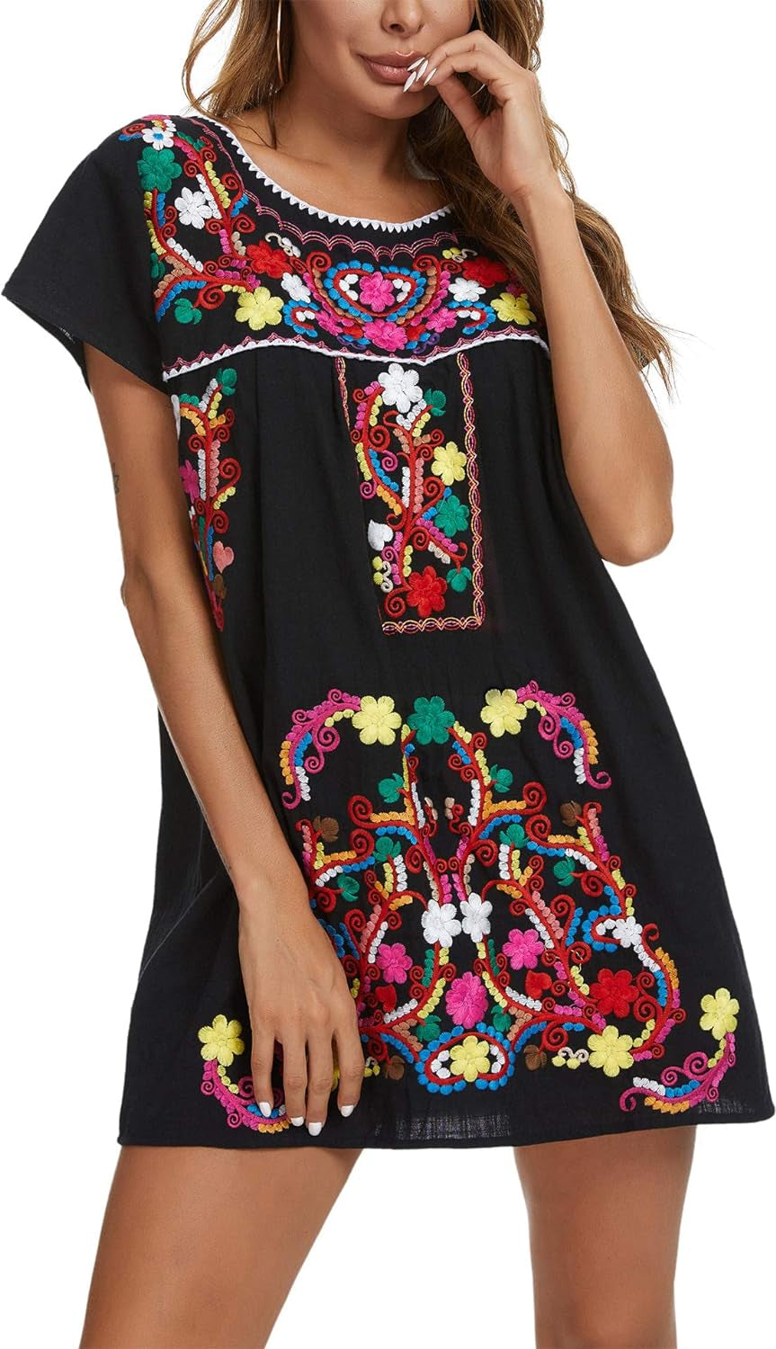 Women's Short Sleeve Mexican Embroidered Dress