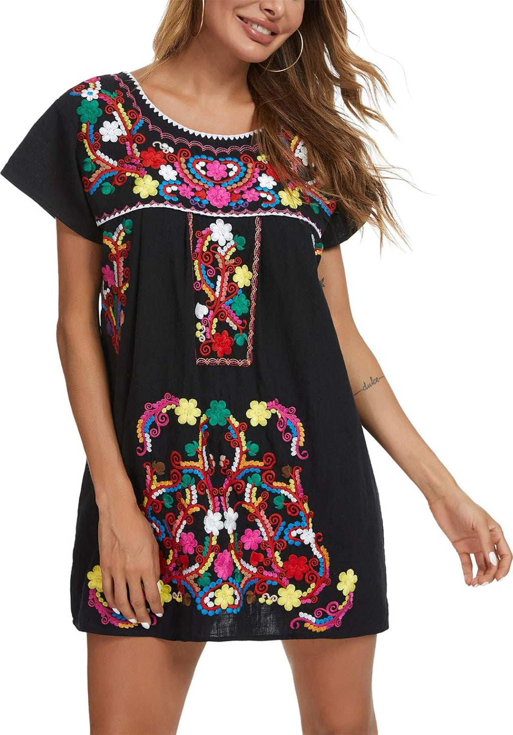 Women's Short Sleeve Mexican Embroidered Dress