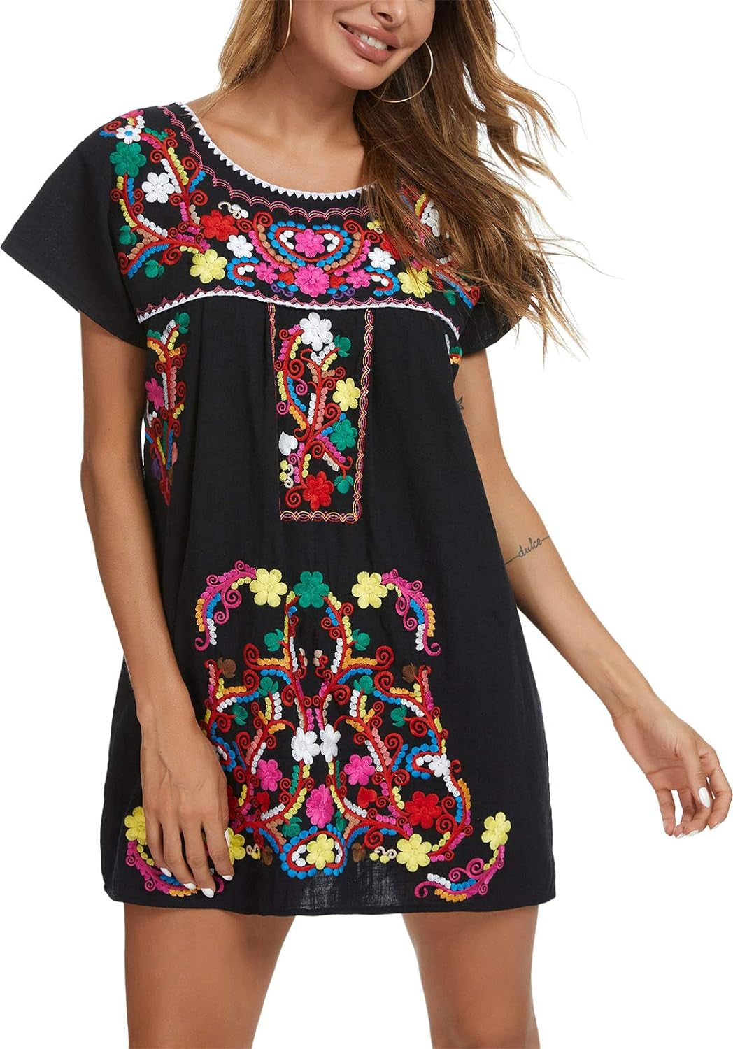 Women's Short Sleeve Mexican Embroidered Dress