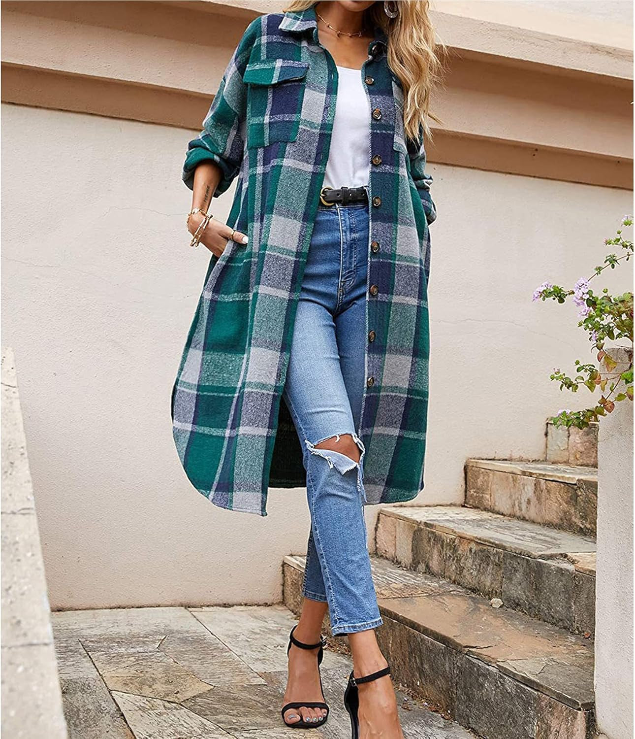 Women's Casual Wool Blend Plaid Long Shirt Jacket with Button Down and Pockets