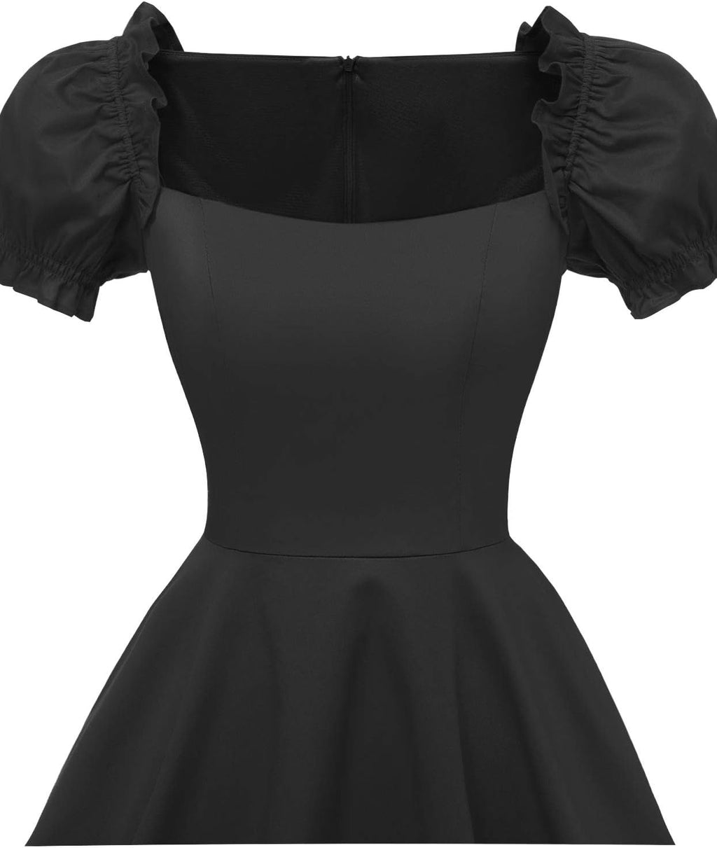 Women's 1950s-Inspired A-Line Party Dress with Puff Short Sleeves and Pockets