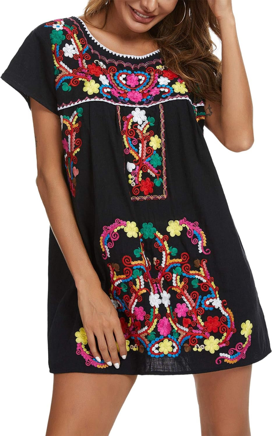 Women's Short Sleeve Mexican Embroidered Dress