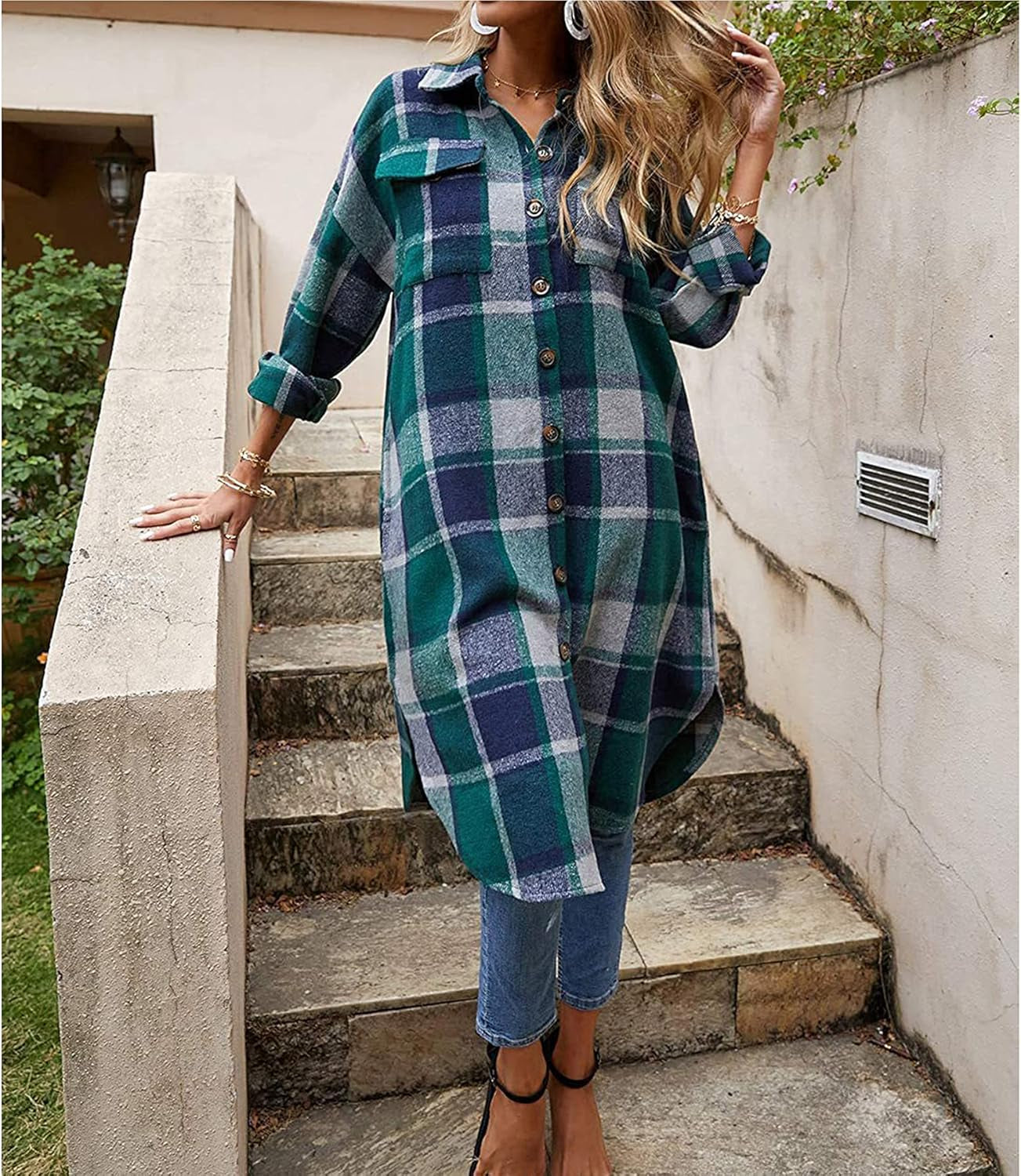 Women's Casual Wool Blend Plaid Long Shirt Jacket with Button Down and Pockets