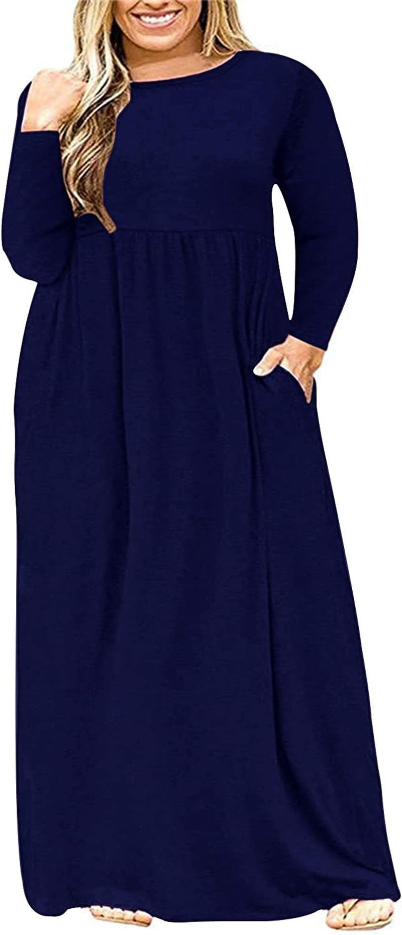 Plus Size Women's Long Sleeve Loose Curvy Maxi Dress with Pockets in Navy Blue (24W)