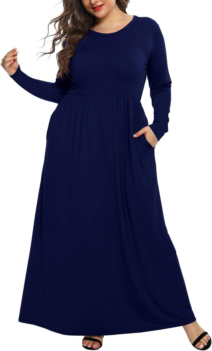Plus Size Women's Long Sleeve Loose Curvy Maxi Dress with Pockets in Navy Blue (24W)