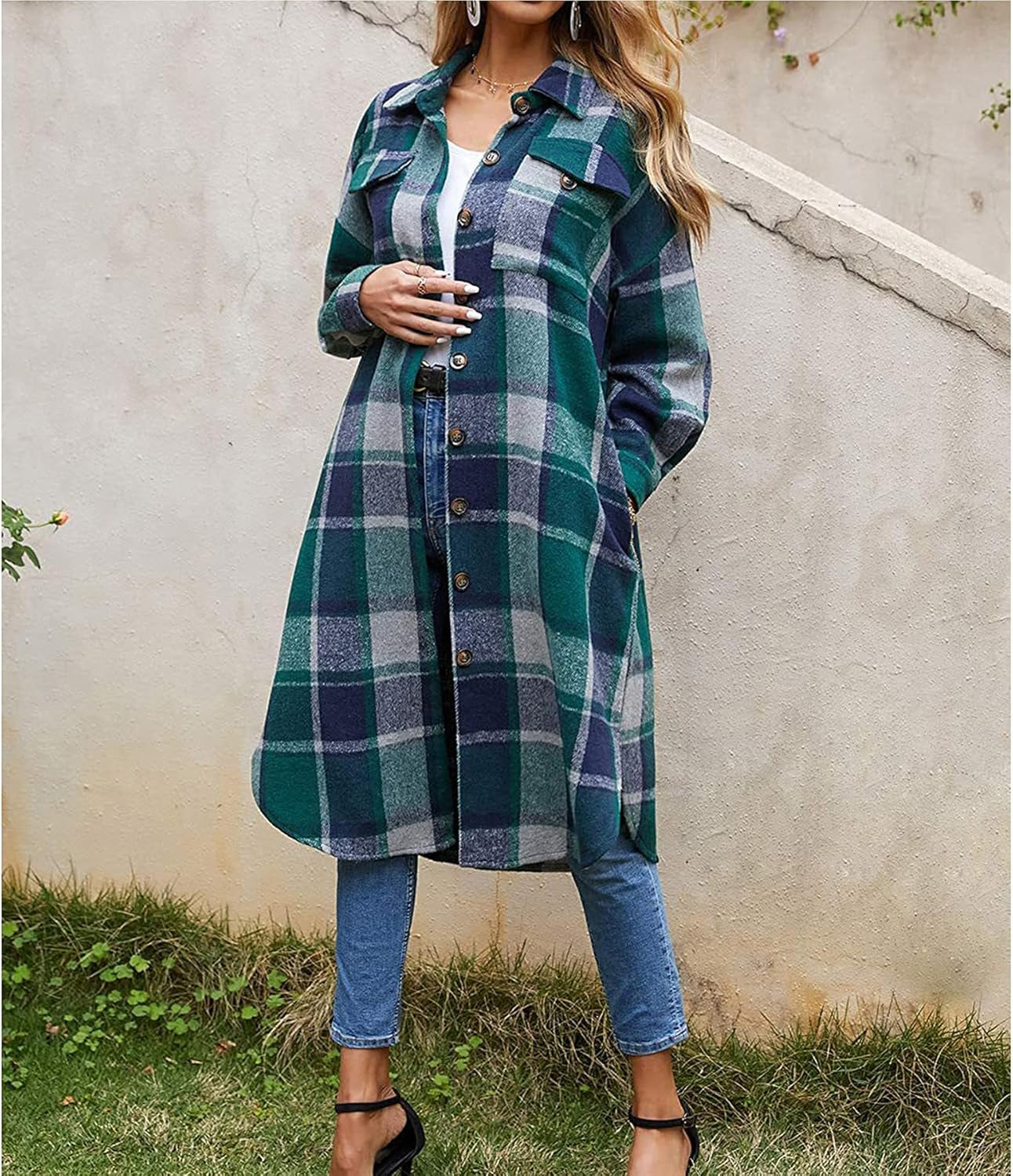 Women's Casual Wool Blend Plaid Long Shirt Jacket with Button Down and Pockets