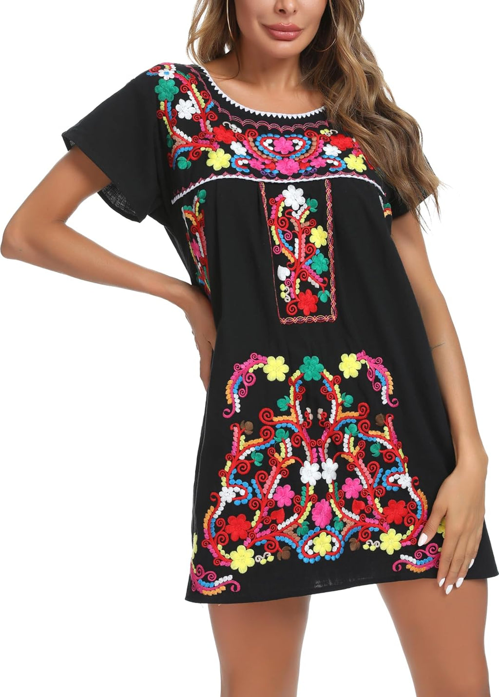 Women's Short Sleeve Mexican Embroidered Dress