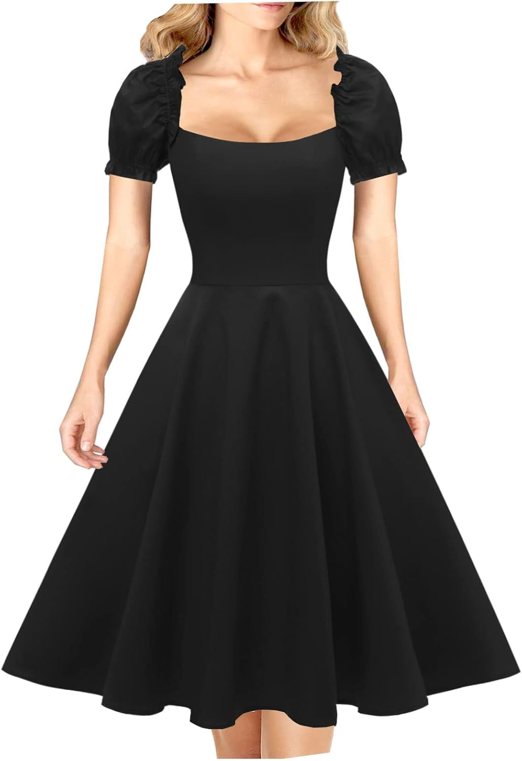 Women's 1950s-Inspired A-Line Party Dress with Puff Short Sleeves and Pockets