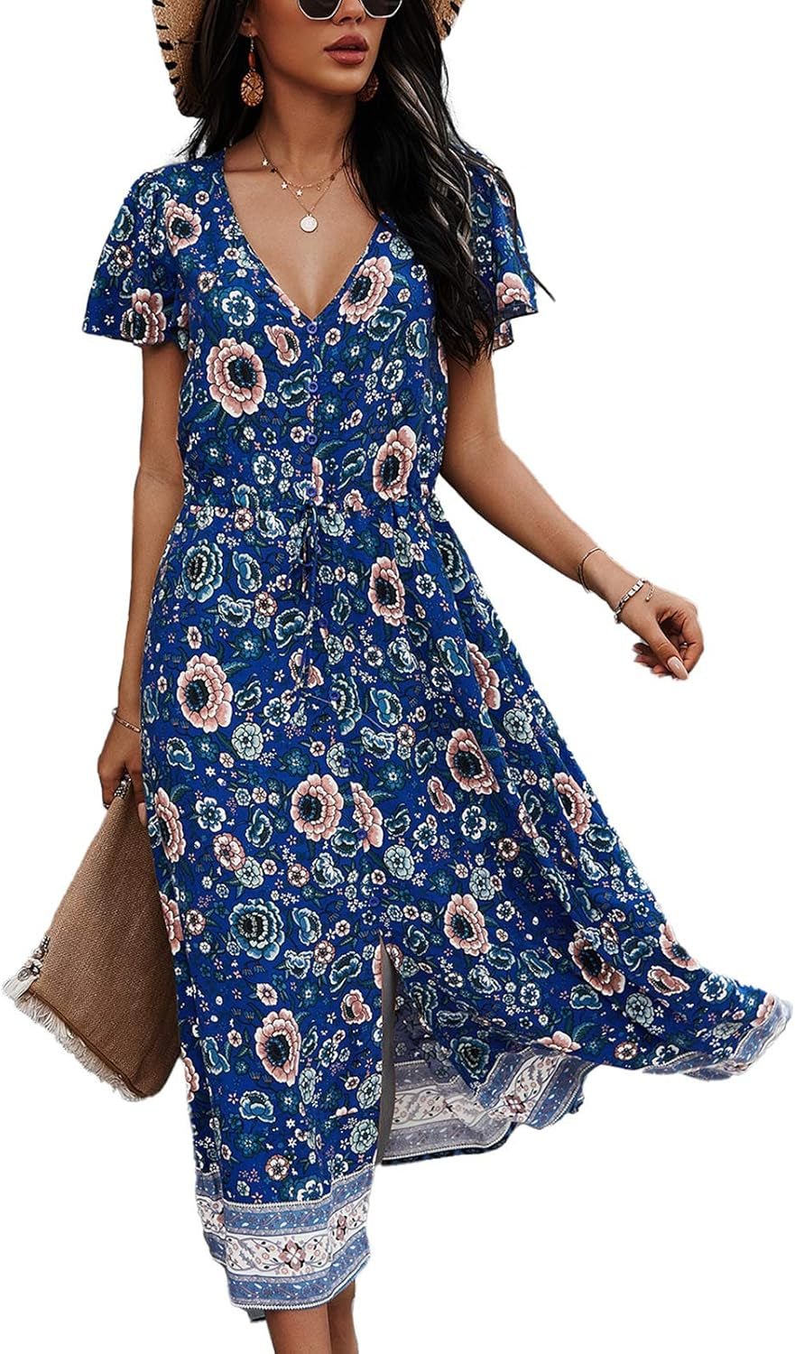 Bohemian Floral Printed Maxi Dress for Women - Short Sleeve V-Neck Casual Summer Dress in Blue, Size XL