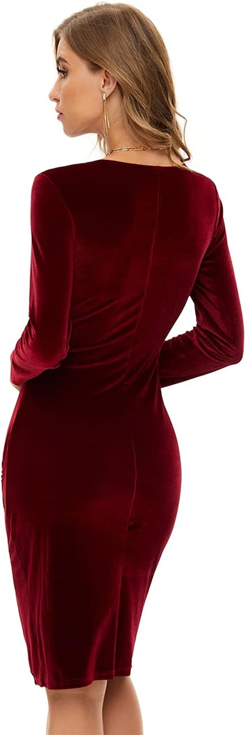 Elegant Red Velvet Bodycon Dress with Side Slit, V-Neck, and Long Sleeves for Cocktail Parties and Ceremonial Events (Dark Red, L)