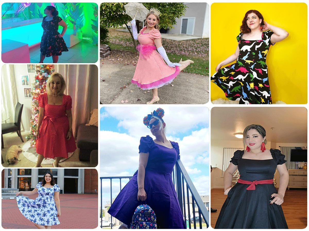 Women's 1950s-Inspired A-Line Party Dress with Puff Short Sleeves and Pockets
