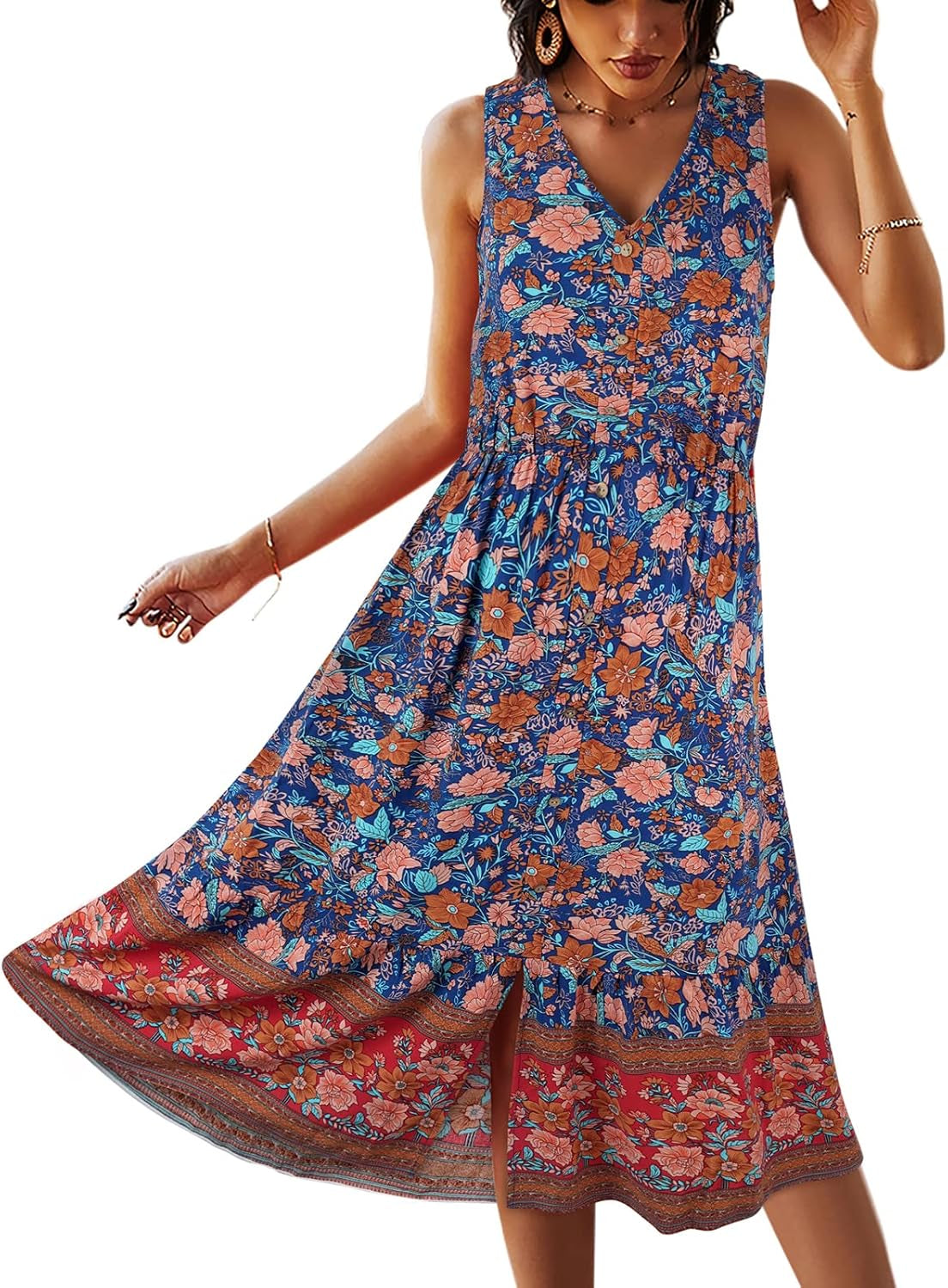 Summer Sleeveless Bohemian Floral V-Neck Button-Down Flowing Dress for Women (Sizes S-XL)
