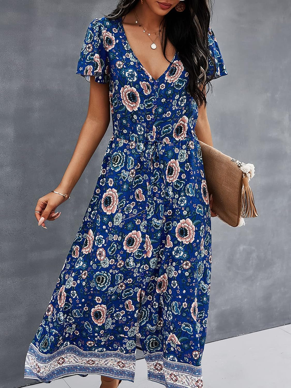 Bohemian Floral Printed Maxi Dress for Women - Short Sleeve V-Neck Casual Summer Dress in Blue, Size XL